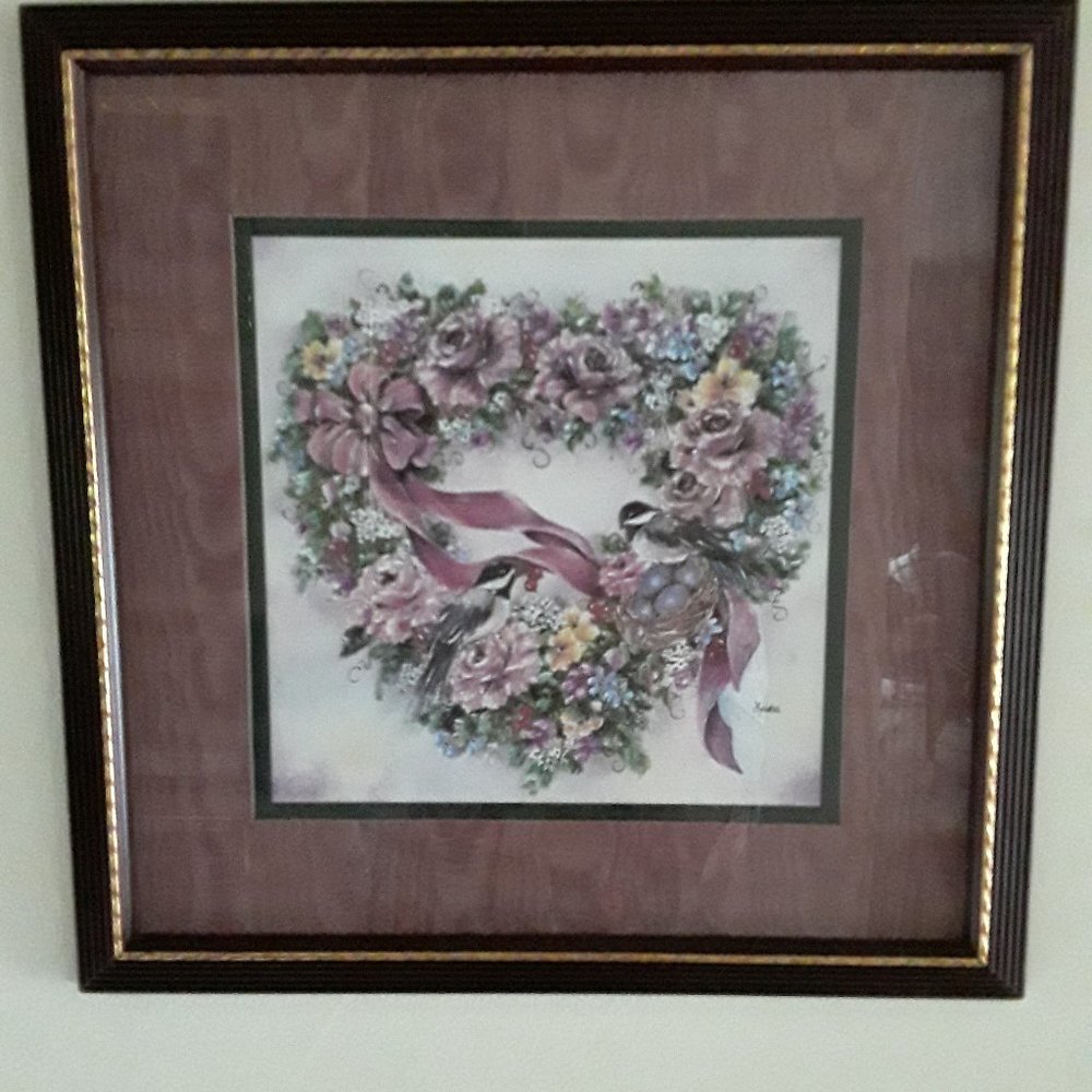 Pretty in Pink Framed Picture of Two Lovebirds on a Beautiful Floral Wreath